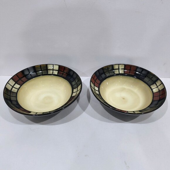 Pfaltzgraff Calico pattern 2 Soup/Cereal Bowl Multicolor Squares Cream Center - Picture 1 of 8